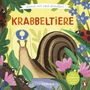 "Komm mit nach draußen! KRABBELTIERE" in farbenfroher Illustration mit Schnecke, Marienkäfern und Blumen.