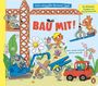 „Bau mit! Unser riesengroßer Baustellen-Spaß. Mit 35 Klappen, Schiebern und Pop-up-Elementen.“ Illustrationen von Tieren auf einer Baustelle.