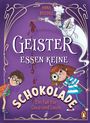 „Geister essen keine Schokolade“ Illustration mit Geisterkoch, Kindern und lila Hintergrund, fröhlich und verspielt.