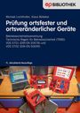 Buchtitel: "Prüfung ortsfester und ortsveränderlicher Geräte". Unten technische Prüfgeräte auf einem Tisch.