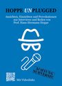 Text: "HOPPE UNPLUGGED", "Mit Videolinks", "ACHTUNG SUBVERSIV". Illustration: Hut, Brille, Mikrofon auf blauem Hintergrund.