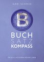 Text: "Gabi Schmid, Buchsatz Kompass, für alle, die schöne Bücher lieben." 
Eine Illustration eines Kompasses mit einem 3D-Buchstaben B.