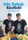 "Echt. Einfach. Köstlich! Das Kochbuben-Buch." Zwei Männer in schwarzen T-Shirts stehen vor Zutaten in einer Küche.