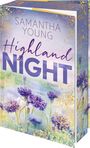 "SAMANTHA YOUNG, Highland Night, ROMAN." Bunte Blumenwiese mit goldenen Sprenkeln und lila Blüten im Vordergrund.