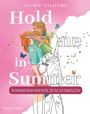 "Hold me in Summer - SOMMERMOMENTE ZUM AUSMALEN" Illustration: Paar umarmt, Schmetterlinge umgeben sie, pinker Hintergrund.