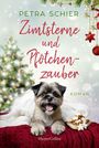 "Zimtsterne und Pfötchenzauber" von Petra Schier. Fröhlicher Hund vor Weihnachtsbaum mit Zimtsternen auf rotem Tuch.