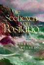 "Die Seehexen von Positano" und "Roman - Sarah Penner". Eine stürmische Küstenlandschaft mit dramatischen Wellen.