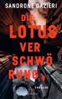 Text: "DIE LOTUSVERSCHWÖRUNG". Oben Gebäude mit rotem Licht und dunklem Himmel im Hintergrund. Genre: Thriller.