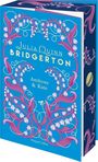 "Julia Quinn Bridgerton, Anthony & Kate" in gelber Schrift auf blauem Hintergrund mit lila Blütenornamenten.