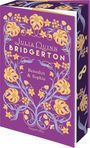 "Julia Quinn Bridgerton, Benedict & Sophie, HarperCollins." Lila Hintergrund, elegante gelbe Blumenmuster mit blauen Ranken.