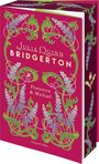 "Julia Quinn - Bridgerton, Francesca & Michael, HarperCollins." Ein florales Muster in Lila und Grün auf rotem Hintergrund.
