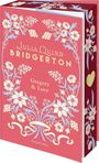 "Julia Quinn Bridgerton: Gregory & Lucy" steht auf einem roten Buch mit floralen Mustern in Weiß und Blau.