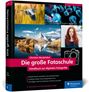 "Die große Fotoschule" von Christian Westphalen. Fotos: Landschaft, Reiher, Porträt einer Frau, Wassertropfen; Illustration einer Kamera.