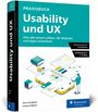 "Praxishandbuch Usability und UX. Illustration eines Designers neben Smartphone und Geometrie-Elementen. Autoren: Jens Jacobsen, Lorena Meyer."
