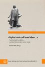 »Tapfre Leute soll man loben…« Paul Gerhardt in Lübben. Statue eines Mannes mit Buch. Orange Linie und Logo unten.