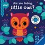 „Are you hiding, Little owl?“; „Lift-the-flaps book“. Illustration: Eule auf Ast mit bunten Blättern, Sternen und Blüten.