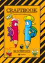 "CRAFTBOOK", "HEY!", "BUNTSTIFTE", zwei bunte Bleistifte, die lächeln und Bücher haltende Tiere auf gelbem Hintergrund.