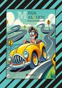 "Mega Malbuch" von Gabriele André & Wolfgang André. Illustration: Fahrer in gelbem Auto auf kurviger Straße mit Schildern.