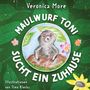 "Maulwurf Toni sucht ein Zuhause" von Veronica More. Illustration: Maulwurf mit Brille, Blumen und Blättern auf grünem Hintergrund.