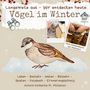 "Langeweile aus – Wir entdecken heute: Vögel im Winter." Illustration: Spatz, Schneeflocken, Bastelbilder, Beerenzweige.