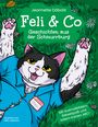 "Jeannette Döbold, Feli & Co, Geschichten aus der Schnurrburg." Illustration einer fröhlichen Katze im Gras.