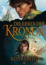 "Die Erben der Kronox" und "Kessy Smith" in goldener Schrift. Zwei Figuren, eine Ruine und ein geflügeltes Rad in dramatischer Szene.