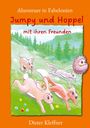 „Abenteuer in Fabelonien“, „Jumpy und Hoppel mit ihren Freunden“. Illustration mit Tieren auf grünem Hügel.