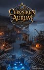 "Chroniken von Aurum: Valdarin erwacht." Eine mittelalterliche Hafenstadt bei Nacht, leuchtende blaue Augen im Wasser.