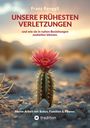 Titel: "UNSERE FRÜHESTEN VERLETZUNGEN". Text über Beziehungen. Bild: Kaktus mit blühender, pinker Blume in Wüstenlandschaft.