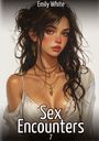 "Emily White" oben; "Sex Encounters 7" unten. Illustration einer Frau mit langen Haaren, Schmuck und weißer Bluse.