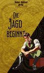 Text: "Die Jagd beginnt". Illustration eines Mannes in grüner Weste und roter Krawatte sitzt nachdenklich auf einer Kiste.