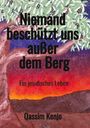 „Niemand beschützt uns außer dem Berg. Ein jesidisches Leben. Qassim Kenjo.“ Kunst mit Baum vor rotem Himmel.