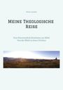"Meine Theologische Reise" von Simon Laumer. Unten Landschaft mit Bergen im Sonnenuntergang.