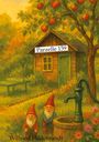 "Parzelle 159", "Laubenpiepers Freud und Leid", "Wilfried Hildebrandt". Zwei Gartenzwerge, Häuschen, roter Apfelbaum.