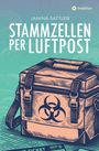 Buchtitel „Stammzellen per Luftpost“ von Janina Sattler. Illustration einer Tasche mit Biohazard-Symbol.