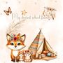 "My dearest school friends." Illustration: Ein Fuchs und andere Tiere vor einem bunten, gemusterten Tipi.