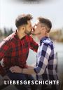 Oben "MANUEL GARCÍA", unten "LIEBESGESCHICHTE". Zwei Männer küssen sich zärtlich am hellen Tag.