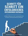 Der Text beschreibt ein Arbeitsbuch zum Unternehmensaufbau. Eine gezeichnete Figur steigt Treppen empor, eine Hand zeichnet dies.