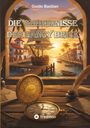 Buchtitel: „Die Geheimnisse der Fancy Brick“, von Guido Bastian. Hafenansicht bei Sonnenuntergang mit einem Segelschiff.