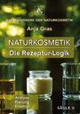 Text: "DAS HANDWERK DER NATURKOSMETIK", "Anja Gras", "NATURKOSMETIK", "Die Rezeptur-Logik", "Analyse Planung Kreation", "SÄULE II". Hintergrund: Glasgefäße mit Flüssigkeit und Creme.