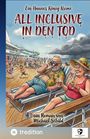 "All Inclusive in den Tod" steht oben. Illustration: Älteres Paar entspannt auf Kreuzfahrtschiffdeck, umgeben von Sonnenbadenden.