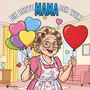 „DIE BESTE MAMA DER WELT“. Eine fröhliche ältere Frau mit Lockenwicklern hält Herzluftballons in einem gemütlichen Wohnzimmer.