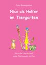 "Nico als Helfer im Tiergarten", Drache mit Pinsel und Korb, neben einem Löwenjungen. Bunter, kindlicher Stil.