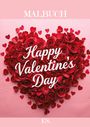 "Happy Valentine’s Day" auf einem Herz aus roten Rosen mit kleinen Herzen, rosa Hintergrund.