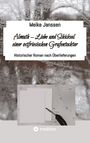 Titel: "Almuth – Liebe und Schicksal einer ostfriesischen Grafentochter". Darunter eine Feder und Papier auf Eismuster-Hintergrund.