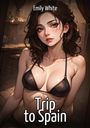 „Trip to Spain“, „Emily White“. Eine stilisierte Zeichnung einer Frau in schwarzem Bikini mit dunklem Haar.