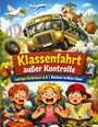 "Klassenfahrt außer Kontrolle". Illustration eines turbulenten Abenteuers mit Bus, Ziege und Kindern in Aufregung.