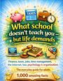 „What school doesn’t teach you – but life demands.“ Bunte Illustrationen von Sparschwein, Aktenkoffer, Laptop und Kopf mit Zahnrädern.