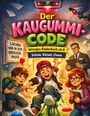 „Der Kaugummi-Code“: Drei Kinder in einem Schulflur mit Ballons und Überwachungskamera, ein Junge tritt auf Kaugummi.
