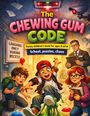 "The Chewing Gum Code. Funny children's book for ages 8 and up. School, puzzles, chaos. 'Laughing only during recess' Schild. Drei Kinder, eines rutscht auf Kaugummi."